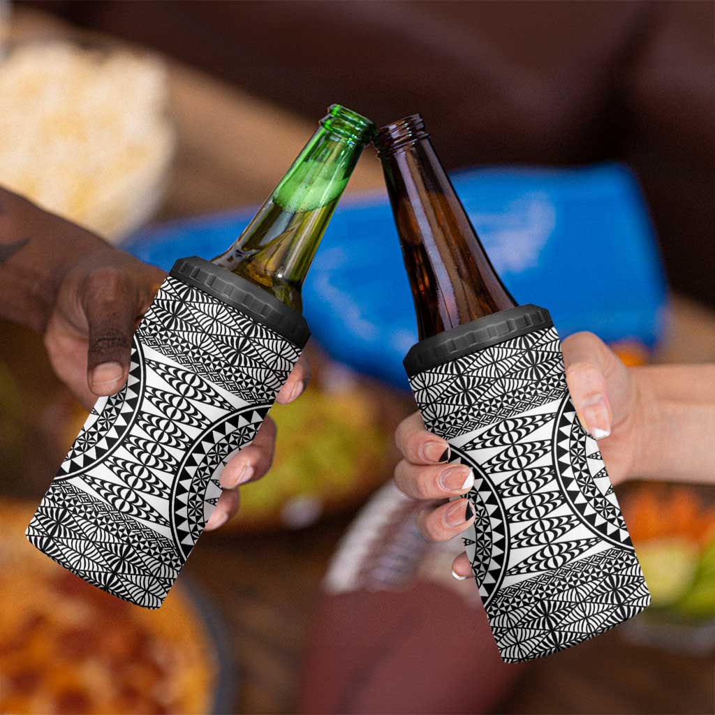 All White Tonga Malo e lelei 4 in 1 Can Cooler Tumbler Vintage Ngatu Tribal Pattern - Polynesian Pride