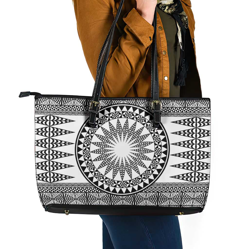All White Tonga Malo e lelei Leather Tote Bag Vintage Ngatu Tribal Pattern - Polynesian Pride
