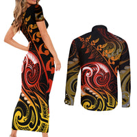 New Zealand Couples Matching Short Sleeve Bodycon Dress and Long Sleeve Button Shirts Aotearoa Wisdom Face Maori Fern Tattoo Arty LT9 - Polynesian Pride