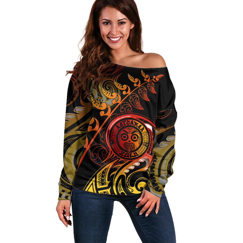 New Zealand Off Shoulder Sweater Aotearoa Wisdom Face Maori Fern Tattoo Arty LT9 Women Reggae - Polynesian Pride