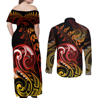 New Zealand Couples Matching Off Shoulder Maxi Dress and Long Sleeve Button Shirts Aotearoa Hei-Tiki Maori Fern Tattoo Arty LT9 - Polynesian Pride