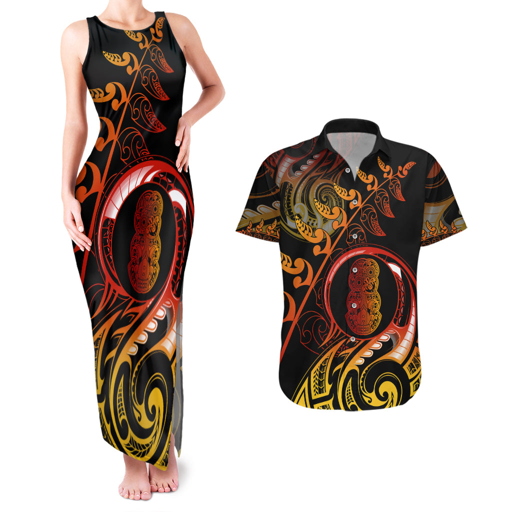 New Zealand Couples Matching Tank Maxi Dress and Hawaiian Shirt Aotearoa Hei-Tiki Maori Fern Tattoo Arty LT9 Reggae - Polynesian Pride