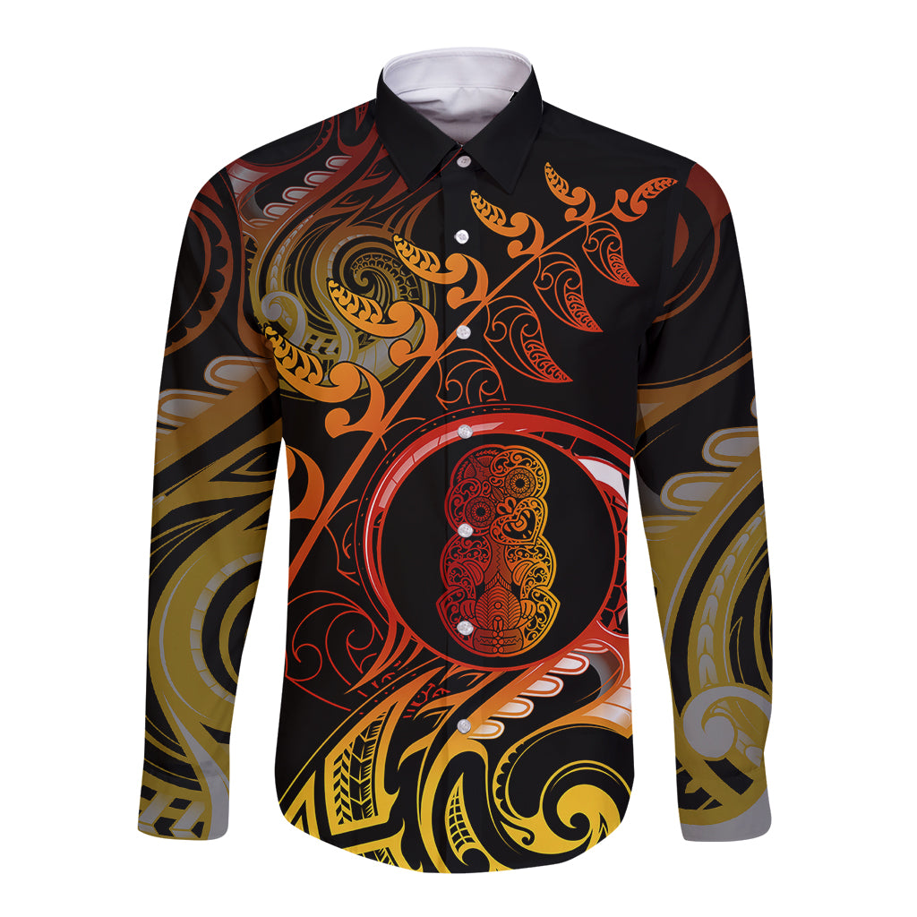New Zealand Long Sleeve Button Shirt Aotearoa Hei-Tiki Maori Fern Tattoo Arty LT9 Unisex Reggae - Polynesian Pride