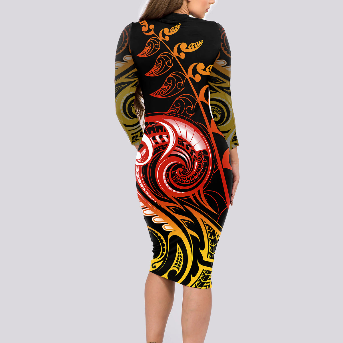 New Zealand Long Sleeve Bodycon Dress Aotearoa Kiwi Bird Maori Fern Tattoo Arty LT9 - Polynesian Pride