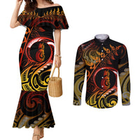 New Zealand Couples Matching Mermaid Dress and Long Sleeve Button Shirts Aotearoa Manaia Maori Fern Tattoo Arty LT9 Reggae - Polynesian Pride