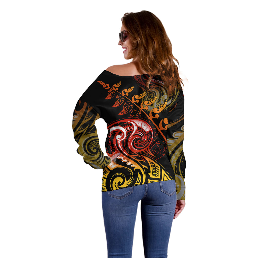New Zealand Off Shoulder Sweater Aotearoa Manaia Maori Fern Tattoo Arty LT9 - Polynesian Pride