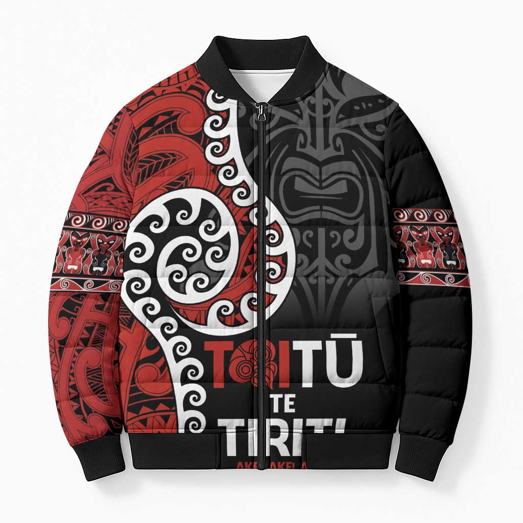 Honour The Treaty New Zealand Bomber Puffer Jacket Toitu Te Tiriti Ake Ake Ake LT9 Unisex Red - Polynesian Pride