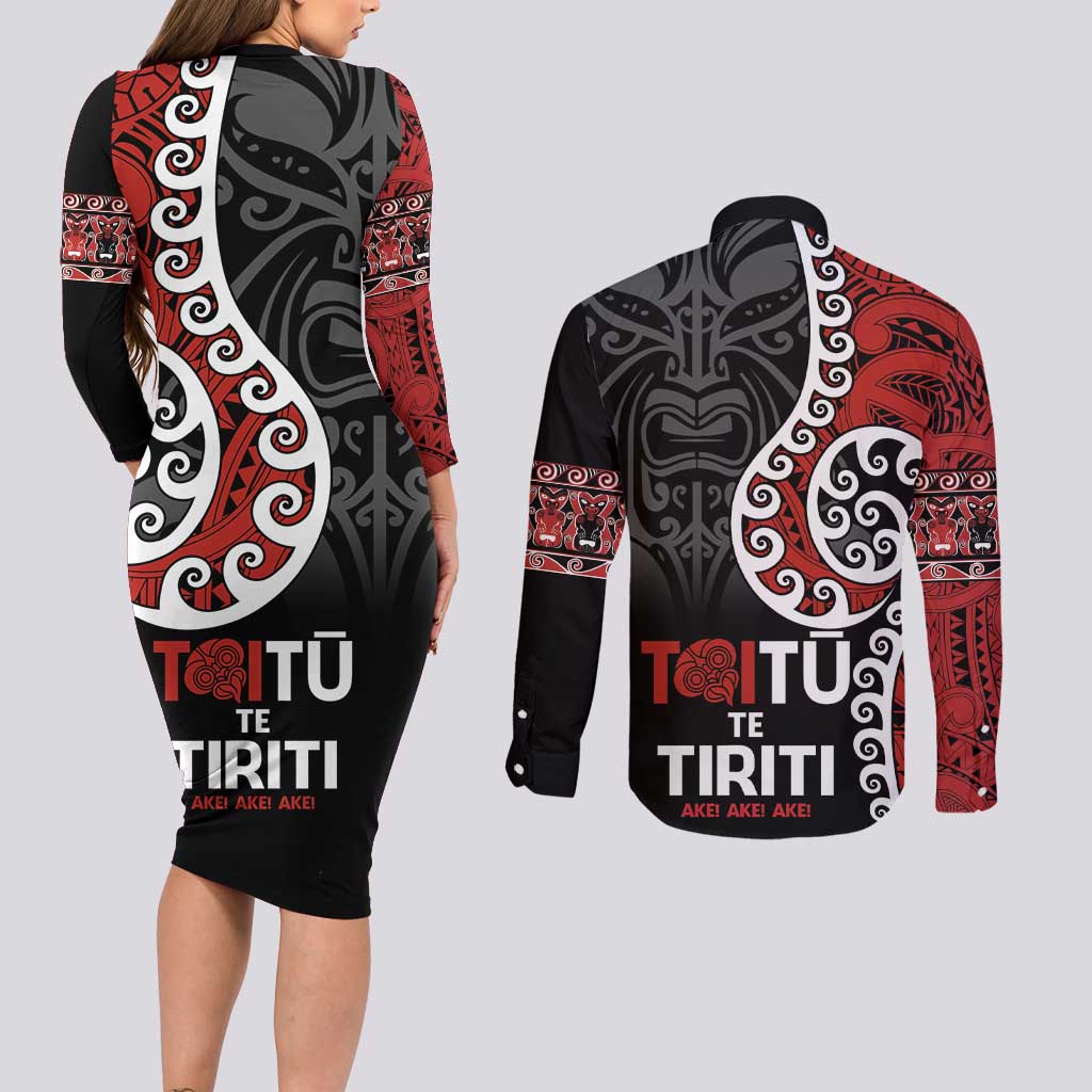 Honour The Treaty New Zealand Couples Matching Long Sleeve Bodycon Dress and Long Sleeve Button Shirt Toitu Te Tiriti Ake!Ake!Ake! LT9 - Polynesian Pride