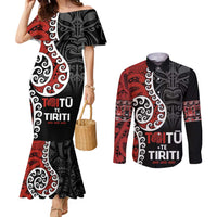 Honour The Treaty New Zealand Couples Matching Mermaid Dress and Long Sleeve Button Shirt Toitu Te Tiriti Ake!Ake!Ake! LT9 Black - Polynesian Pride