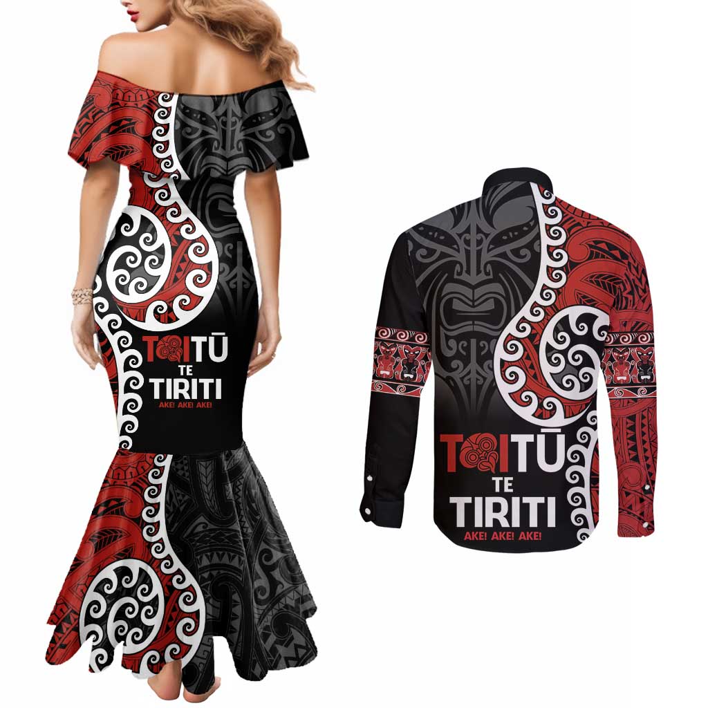 Honour The Treaty New Zealand Couples Matching Mermaid Dress and Long Sleeve Button Shirt Toitu Te Tiriti Ake!Ake!Ake! LT9 - Polynesian Pride