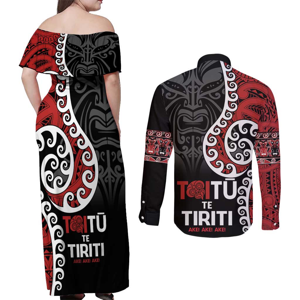 Honour The Treaty New Zealand Couples Matching Off Shoulder Maxi Dress and Long Sleeve Button Shirt Toitu Te Tiriti Ake!Ake!Ake! LT9 - Polynesian Pride
