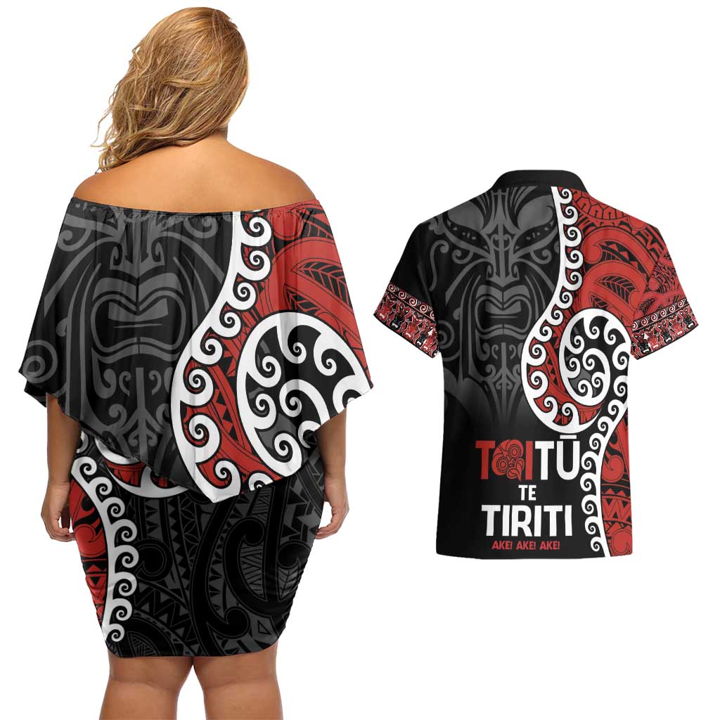 Honour The Treaty New Zealand Couples Matching Off Shoulder Short Dress and Hawaiian Shirt Toitu Te Tiriti Ake!Ake!Ake! LT9 - Polynesian Pride