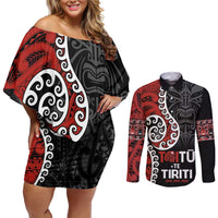 Honour The Treaty New Zealand Couples Matching Off Shoulder Short Dress and Long Sleeve Button Shirt Toitu Te Tiriti Ake!Ake!Ake! LT9 Black - Polynesian Pride
