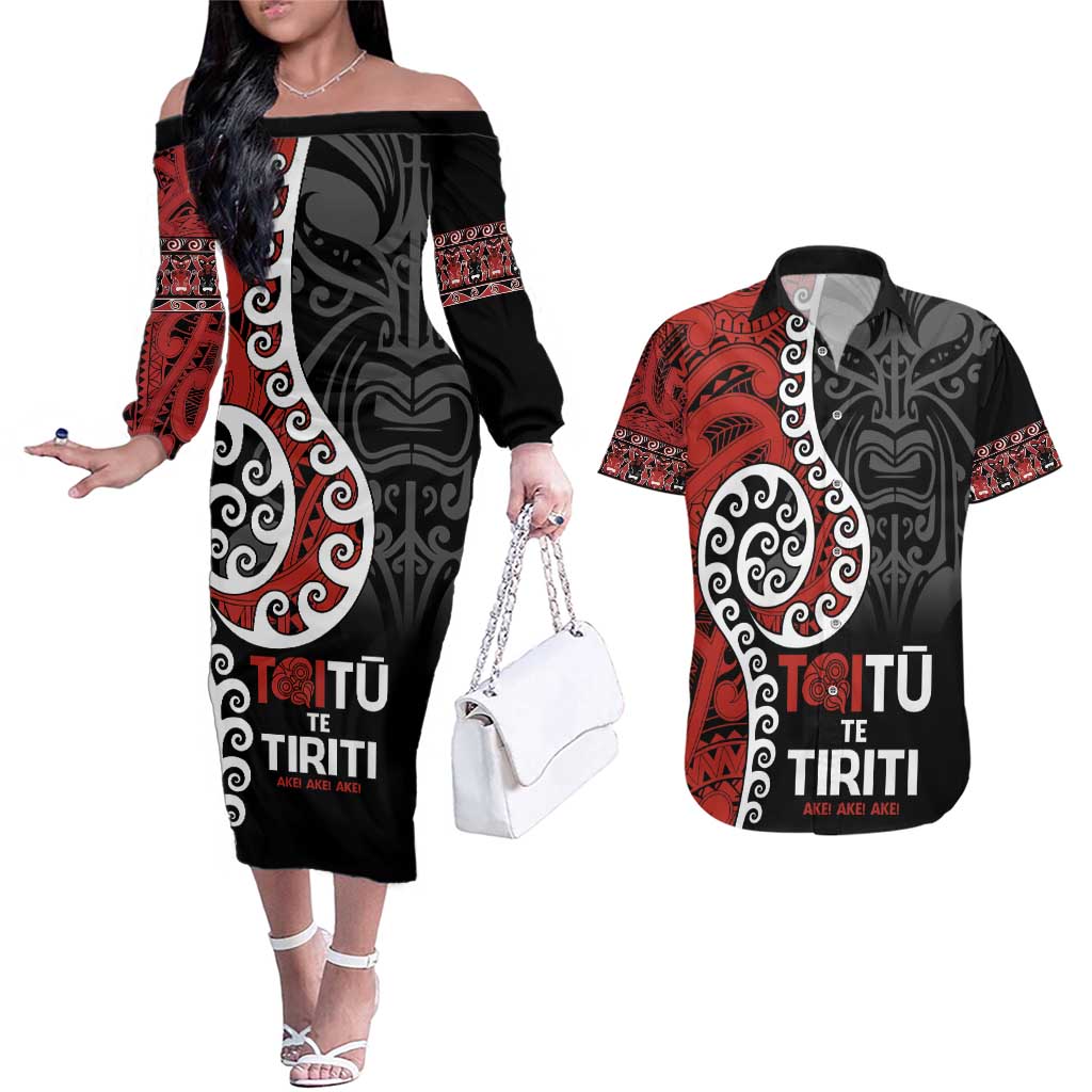 Honour The Treaty New Zealand Couples Matching Off The Shoulder Long Sleeve Dress and Hawaiian Shirt Toitu Te Tiriti Ake!Ake!Ake! LT9 Black - Polynesian Pride