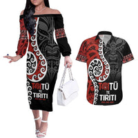 Honour The Treaty New Zealand Couples Matching Off The Shoulder Long Sleeve Dress and Hawaiian Shirt Toitu Te Tiriti Ake!Ake!Ake! LT9 Black - Polynesian Pride
