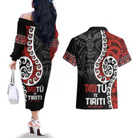Honour The Treaty New Zealand Couples Matching Off The Shoulder Long Sleeve Dress and Hawaiian Shirt Toitu Te Tiriti Ake!Ake!Ake! LT9 - Polynesian Pride