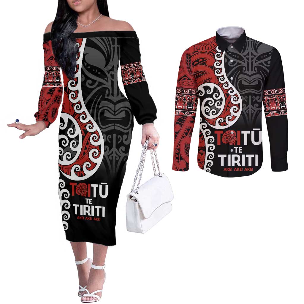 Honour The Treaty New Zealand Couples Matching Off The Shoulder Long Sleeve Dress and Long Sleeve Button Shirt Toitu Te Tiriti Ake!Ake!Ake! LT9 Black - Polynesian Pride