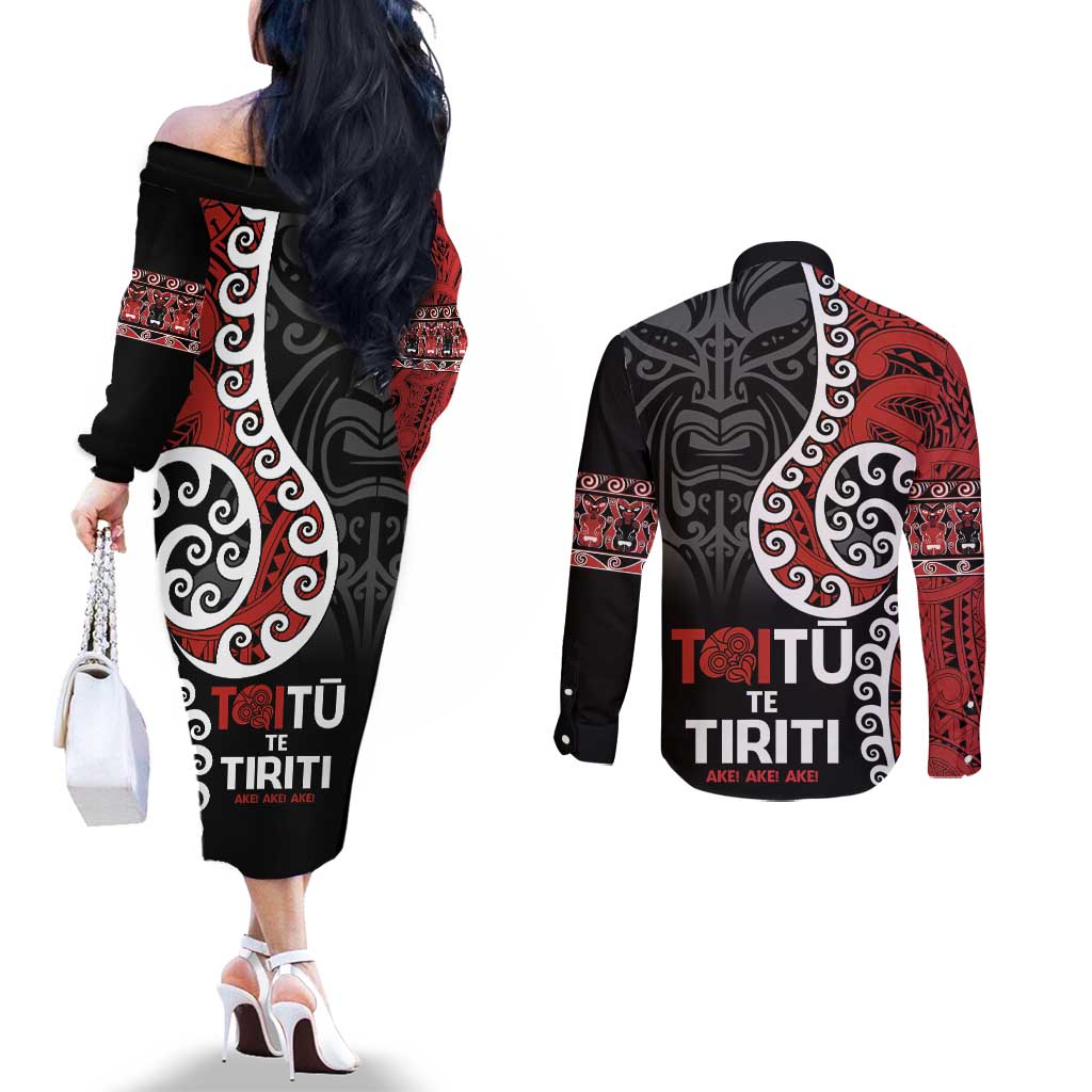 Honour The Treaty New Zealand Couples Matching Off The Shoulder Long Sleeve Dress and Long Sleeve Button Shirt Toitu Te Tiriti Ake!Ake!Ake! LT9 - Polynesian Pride