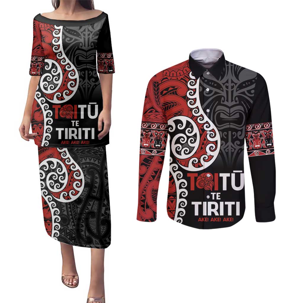 Honour The Treaty New Zealand Couples Matching Puletasi and Long Sleeve Button Shirt Toitu Te Tiriti Ake!Ake!Ake! LT9 Black - Polynesian Pride