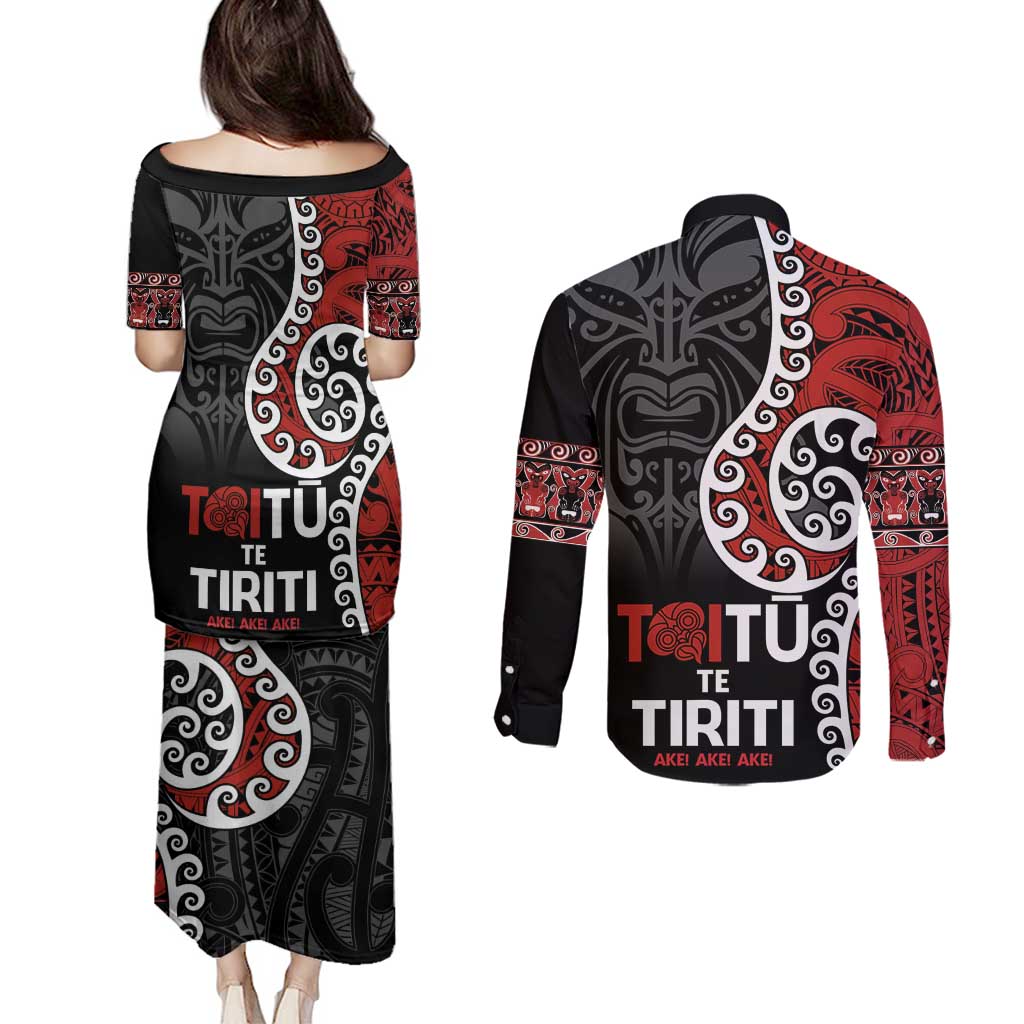 Honour The Treaty New Zealand Couples Matching Puletasi and Long Sleeve Button Shirt Toitu Te Tiriti Ake!Ake!Ake! LT9 - Polynesian Pride