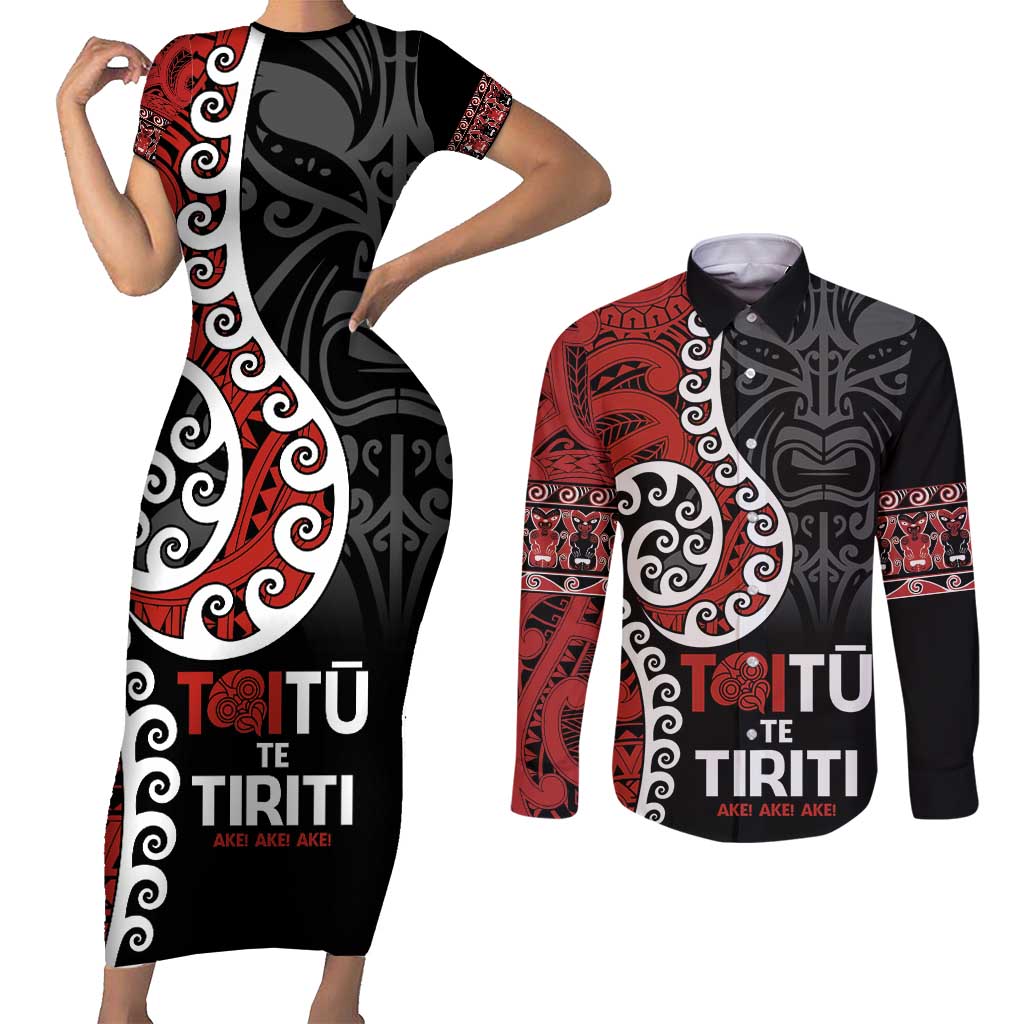Honour The Treaty New Zealand Couples Matching Short Sleeve Bodycon Dress and Long Sleeve Button Shirt Toitu Te Tiriti Ake!Ake!Ake! LT9 Black - Polynesian Pride