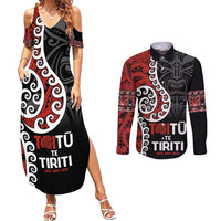 Honour The Treaty New Zealand Couples Matching Summer Maxi Dress and Long Sleeve Button Shirt Toitu Te Tiriti Ake!Ake!Ake! LT9 Black - Polynesian Pride