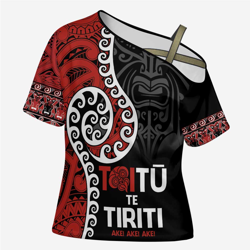 Honour The Treaty New Zealand Cross Shoulder Shirt Toitu Te Tiriti Ake Ake Ake LT9 Female Red - Polynesian Pride