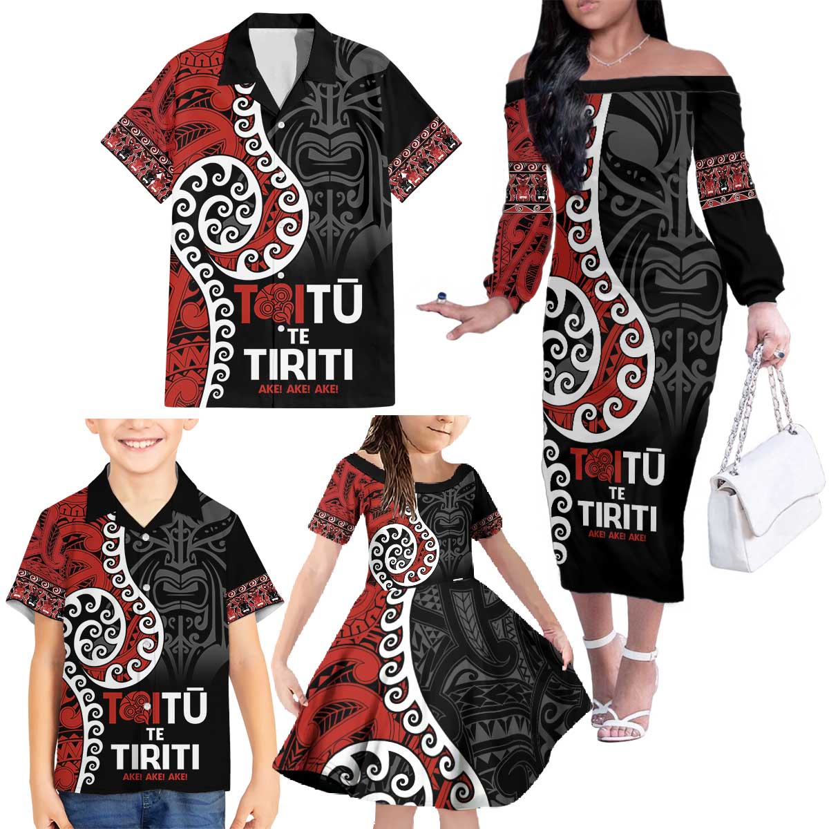 Honour The Treaty New Zealand Family Matching Off The Shoulder Long Sleeve Dress and Hawaiian Shirt Toitu Te Tiriti Ake!Ake!Ake! LT9 - Polynesian Pride