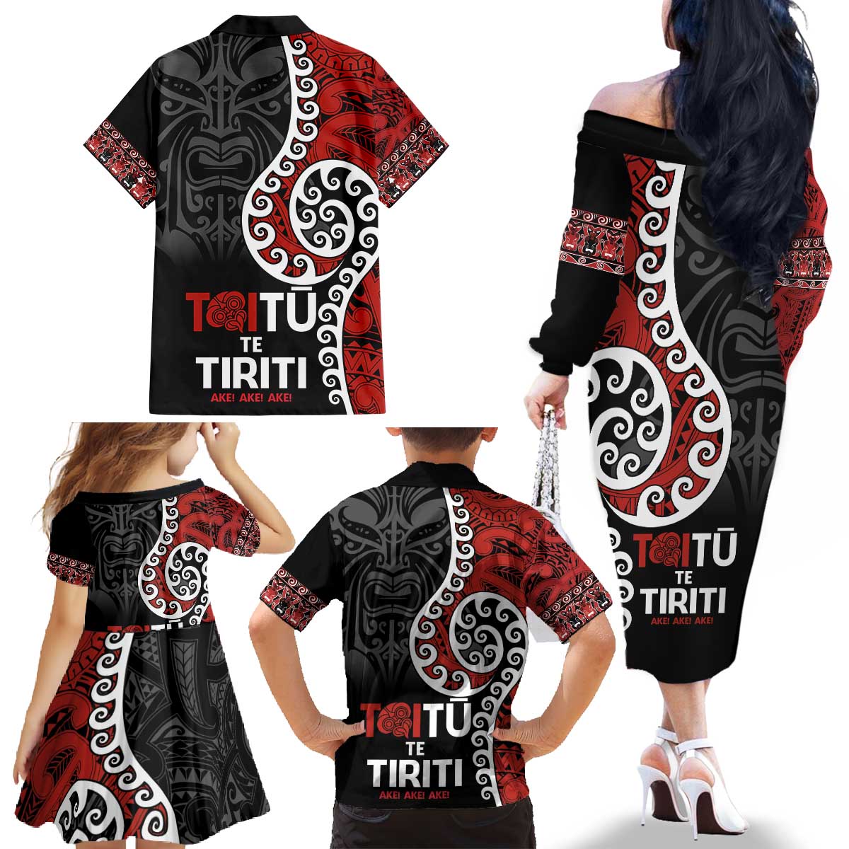 Honour The Treaty New Zealand Family Matching Off The Shoulder Long Sleeve Dress and Hawaiian Shirt Toitu Te Tiriti Ake!Ake!Ake! LT9 - Polynesian Pride