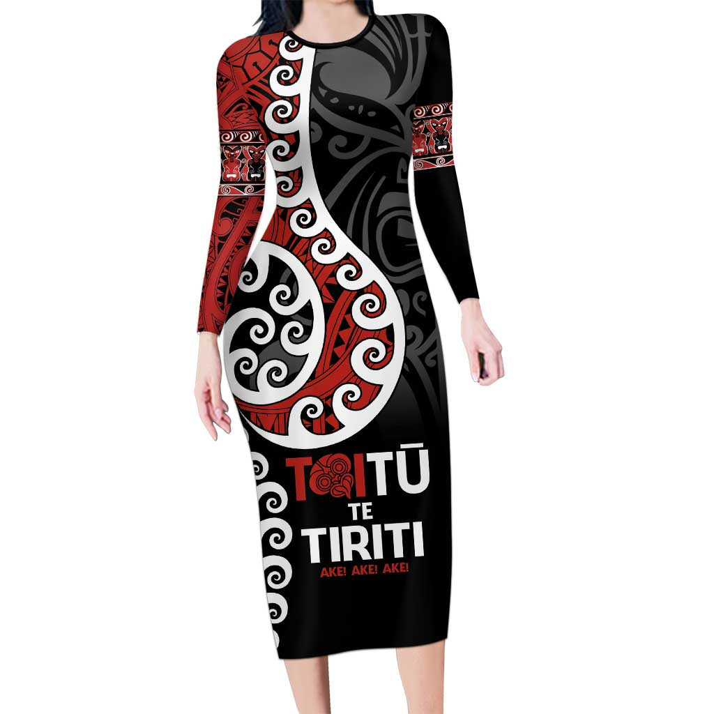 Honour The Treaty New Zealand Long Sleeve Bodycon Dress Toitu Te Tiriti Ake!Ake!Ake! LT9 Long Dress Black - Polynesian Pride
