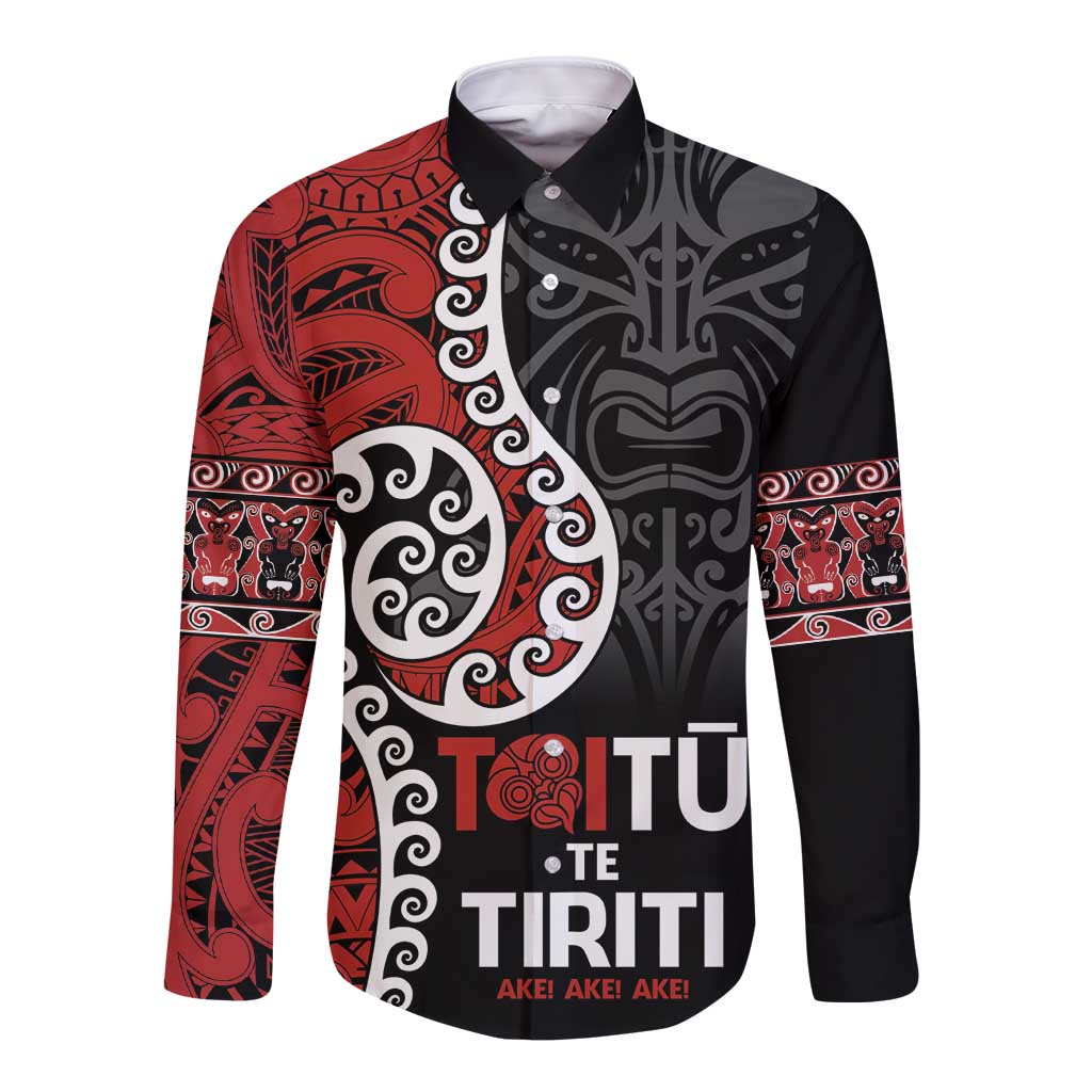 Honour The Treaty New Zealand Long Sleeve Button Shirt Toitu Te Tiriti Ake!Ake!Ake! LT9 Unisex Black - Polynesian Pride