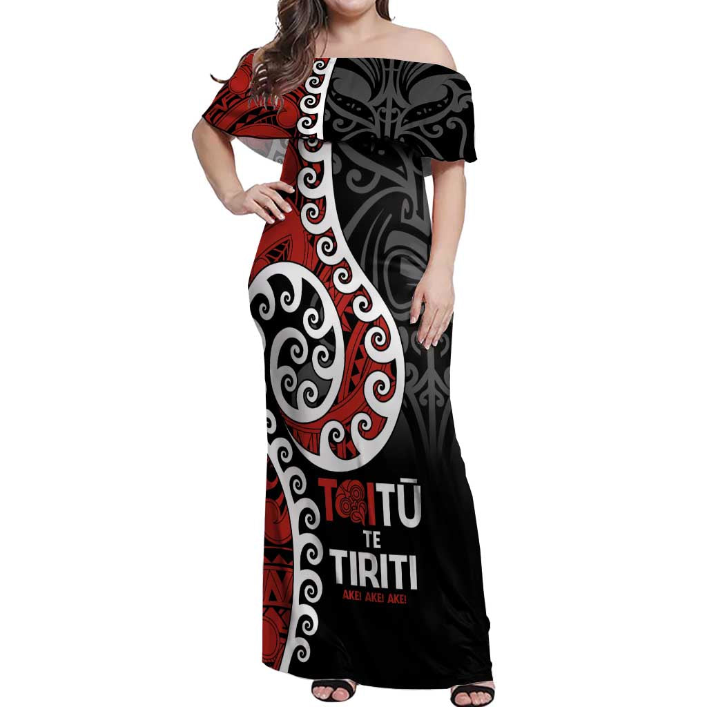 Honour The Treaty New Zealand Off Shoulder Maxi Dress Toitu Te Tiriti Ake!Ake!Ake! LT9 Women Black - Polynesian Pride