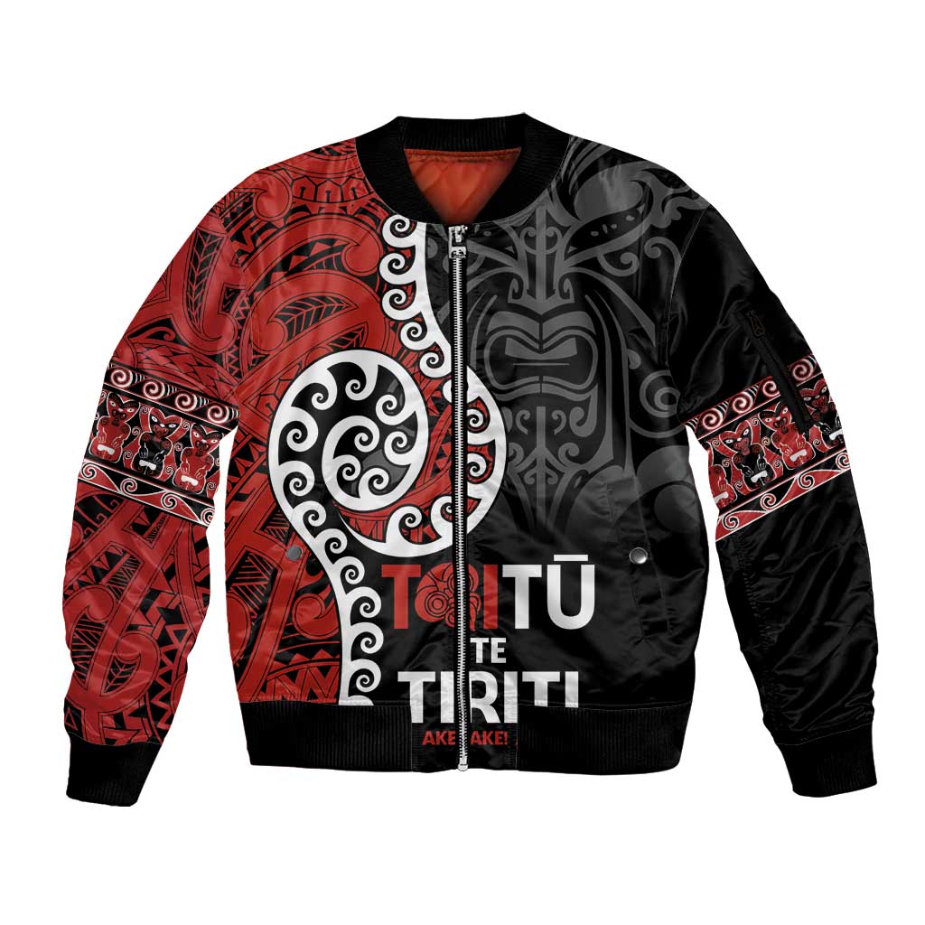 Honour The Treaty New Zealand Sleeve Zip Bomber Jacket Toitu Te Tiriti Ake!Ake!Ake! LT9 Unisex Black - Polynesian Pride
