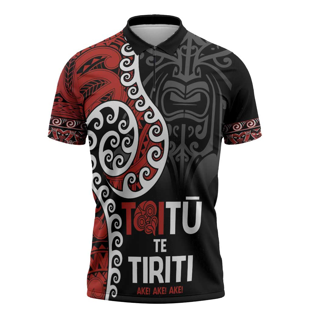 Honour The Treaty New Zealand Zipper Polo Shirt Toitu Te Tiriti Ake Ake Ake LT9 Red - Polynesian Pride