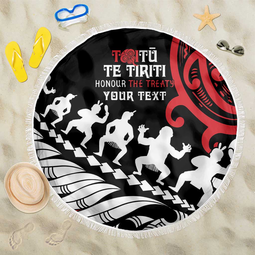 Honour The Treaty New Zealand Personalised Beach Blanket Toitu Te Tiriti Half Fern with Haka dance LT9 One Size 150cm Black - Polynesian Pride