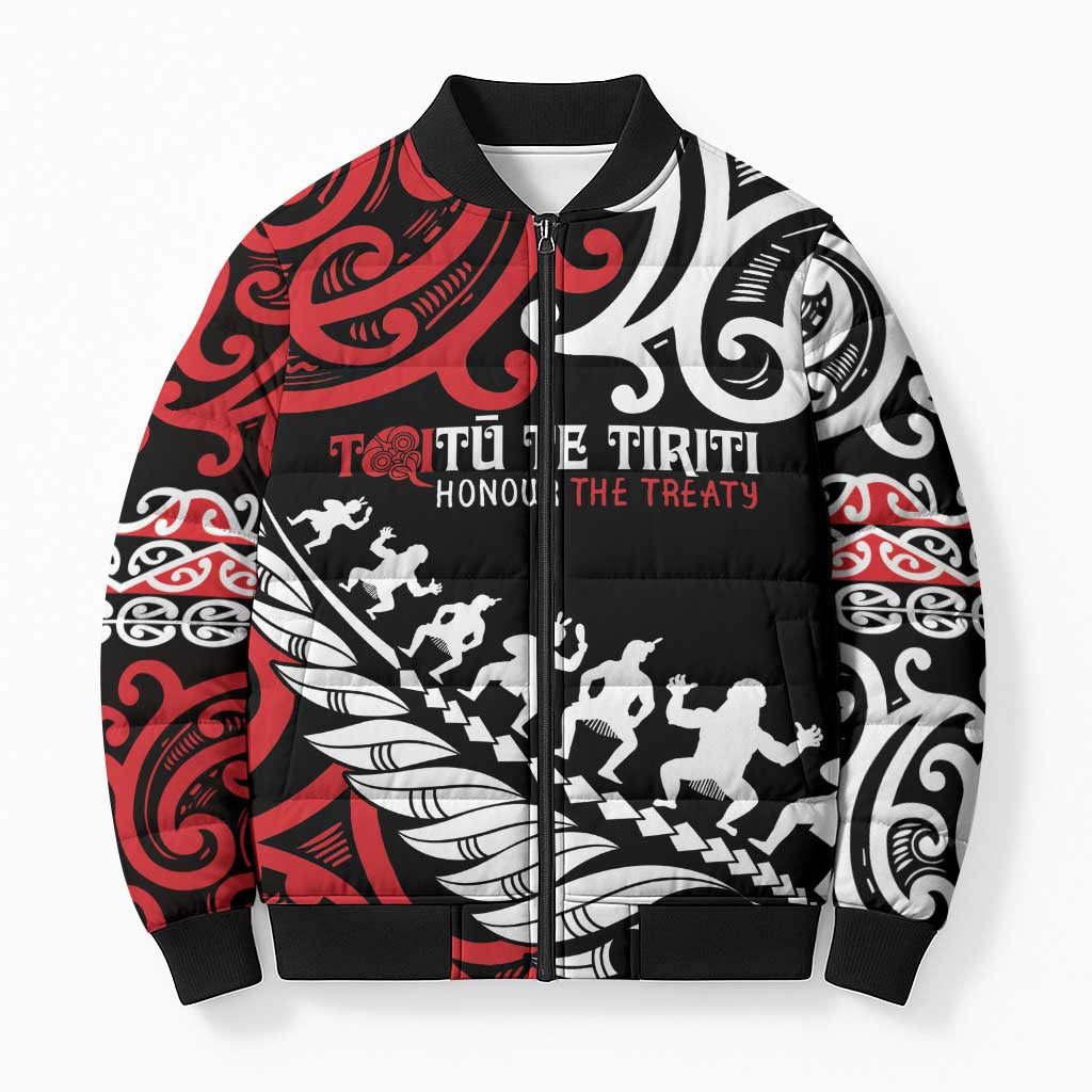 Honour The Treaty New Zealand Personalised Bomber Puffer Jacket Toitu Te Tiriti Half Fern Haka Dance LT9 Unisex Red - Polynesian Pride