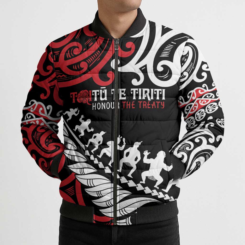 Honour The Treaty New Zealand Personalised Bomber Puffer Jacket Toitu Te Tiriti Half Fern Haka Dance LT9 - Polynesian Pride