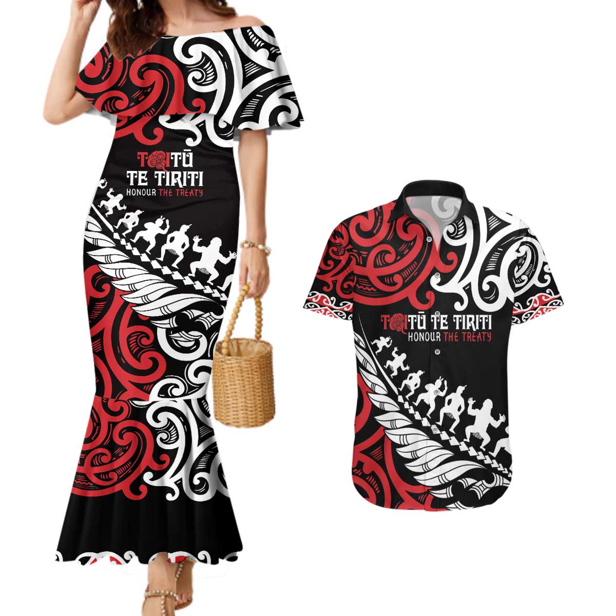 Honour The Treaty New Zealand Personalised Couples Matching Mermaid Dress and Hawaiian Shirt Toitu Te Tiriti Half Fern with Haka dance LT9 Black - Polynesian Pride