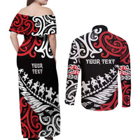 Honour The Treaty New Zealand Personalised Couples Matching Off Shoulder Maxi Dress and Long Sleeve Button Shirt Toitu Te Tiriti Half Fern with Haka dance LT9 - Polynesian Pride