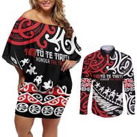 Honour The Treaty New Zealand Personalised Couples Matching Off Shoulder Short Dress and Long Sleeve Button Shirt Toitu Te Tiriti Half Fern with Haka dance LT9 Black - Polynesian Pride