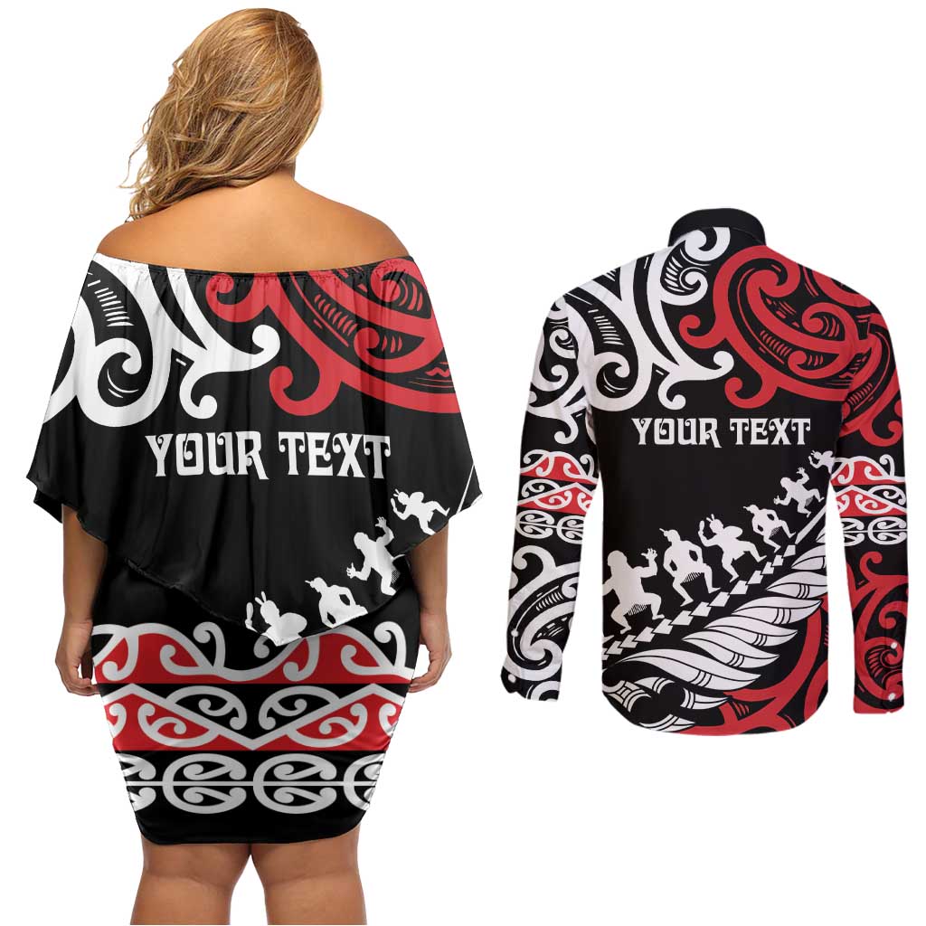 Honour The Treaty New Zealand Personalised Couples Matching Off Shoulder Short Dress and Long Sleeve Button Shirt Toitu Te Tiriti Half Fern with Haka dance LT9 - Polynesian Pride