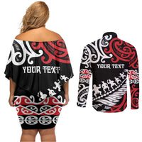 Honour The Treaty New Zealand Personalised Couples Matching Off Shoulder Short Dress and Long Sleeve Button Shirt Toitu Te Tiriti Half Fern with Haka dance LT9 - Polynesian Pride