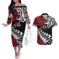 Honour The Treaty New Zealand Personalised Couples Matching Off The Shoulder Long Sleeve Dress and Hawaiian Shirt Toitu Te Tiriti Half Fern with Haka dance LT9 Black - Polynesian Pride