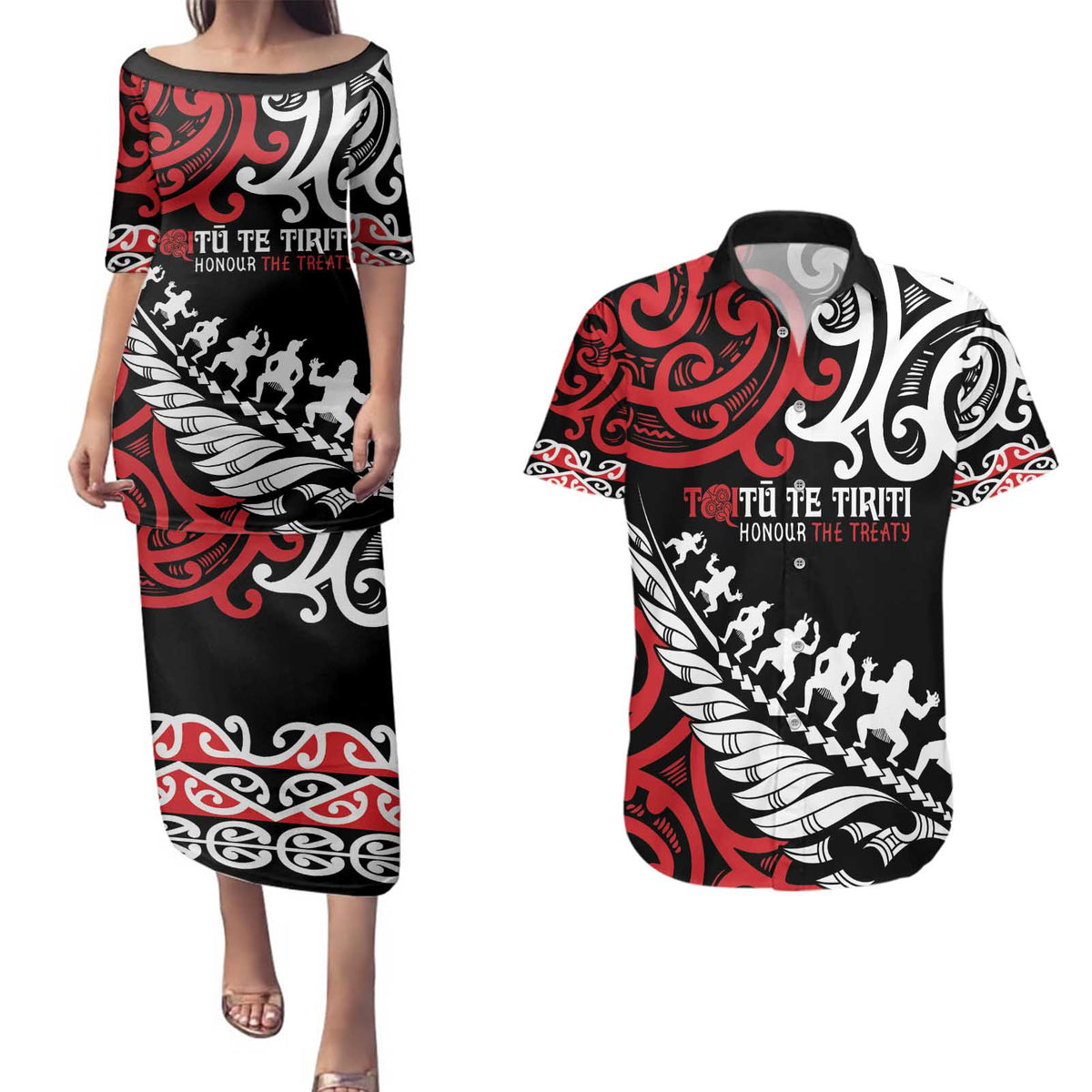 Honour The Treaty New Zealand Personalised Couples Matching Puletasi and Hawaiian Shirt Toitu Te Tiriti Half Fern with Haka dance LT9 Black - Polynesian Pride