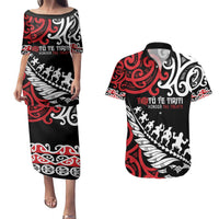 Honour The Treaty New Zealand Personalised Couples Matching Puletasi and Hawaiian Shirt Toitu Te Tiriti Half Fern with Haka dance LT9 Black - Polynesian Pride