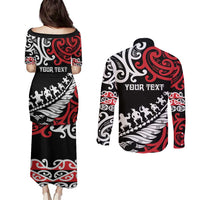 Honour The Treaty New Zealand Personalised Couples Matching Puletasi and Long Sleeve Button Shirt Toitu Te Tiriti Half Fern with Haka dance LT9 - Polynesian Pride