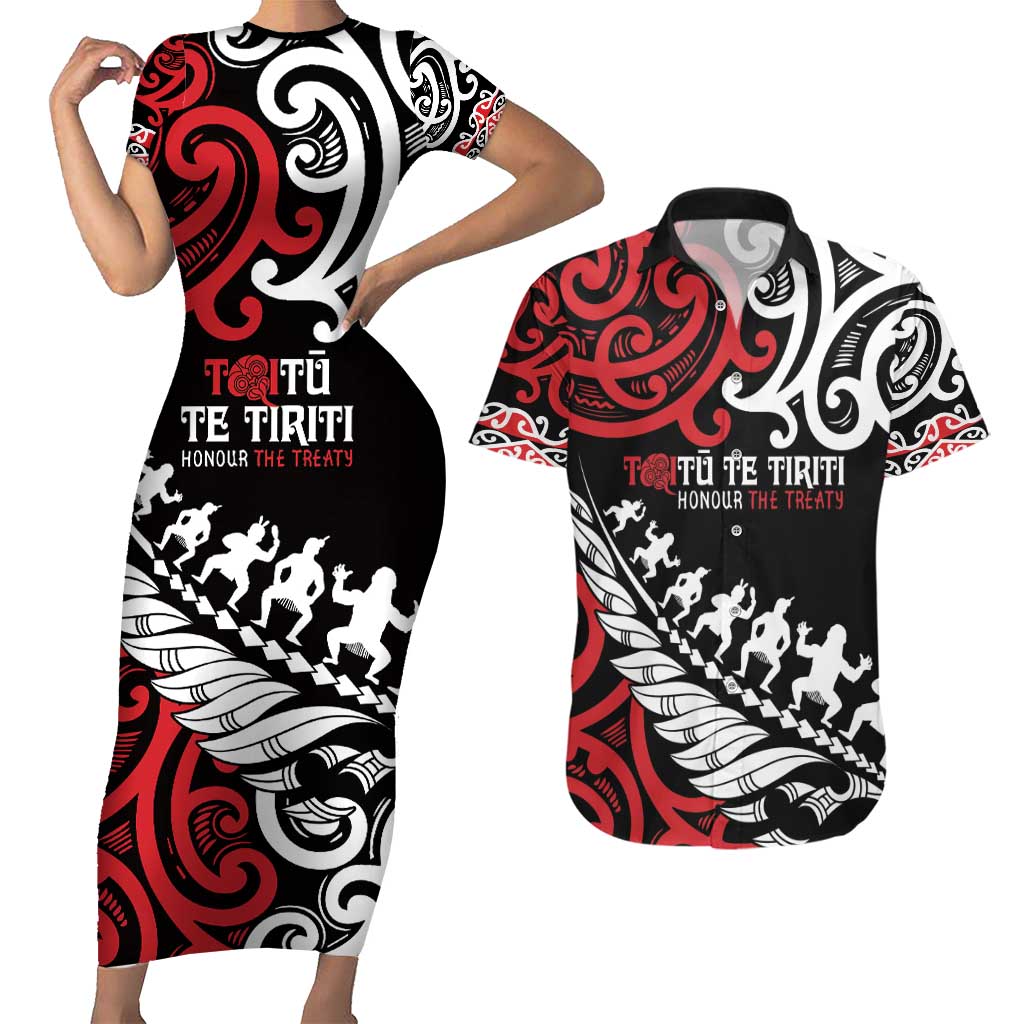 Honour The Treaty New Zealand Personalised Couples Matching Short Sleeve Bodycon Dress and Hawaiian Shirt Toitu Te Tiriti Half Fern with Haka dance LT9 Black - Polynesian Pride