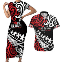 Honour The Treaty New Zealand Personalised Couples Matching Short Sleeve Bodycon Dress and Hawaiian Shirt Toitu Te Tiriti Half Fern with Haka dance LT9 Black - Polynesian Pride