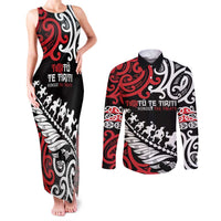 Honour The Treaty New Zealand Personalised Couples Matching Tank Maxi Dress and Long Sleeve Button Shirt Toitu Te Tiriti Half Fern with Haka dance LT9 Black - Polynesian Pride