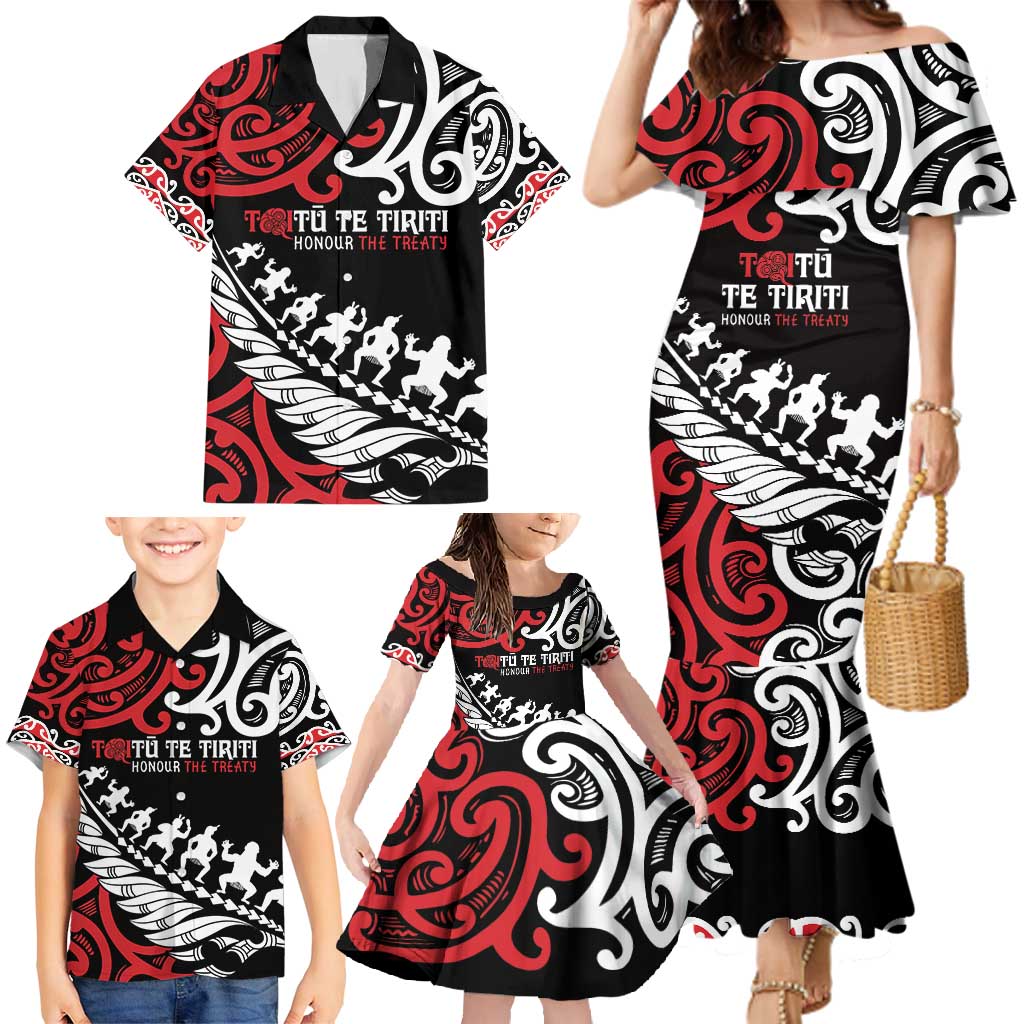 Honour The Treaty New Zealand Personalised Family Matching Mermaid Dress and Hawaiian Shirt Toitu Te Tiriti Half Fern with Haka dance LT9 - Polynesian Pride